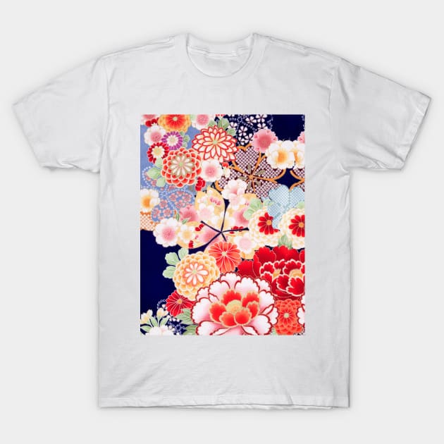 ANTIQUE JAPANESE FLOWERS Pink White Wild Roses Kimono Style Floral T-Shirt by BulganLumini